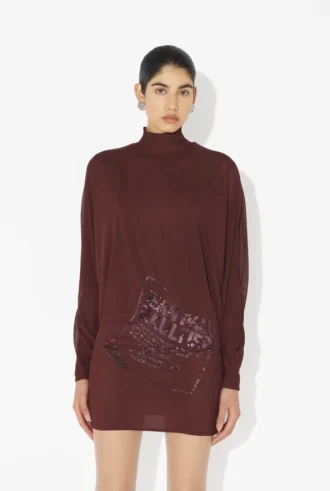 Kısa Bordo Nakışlı Elbise